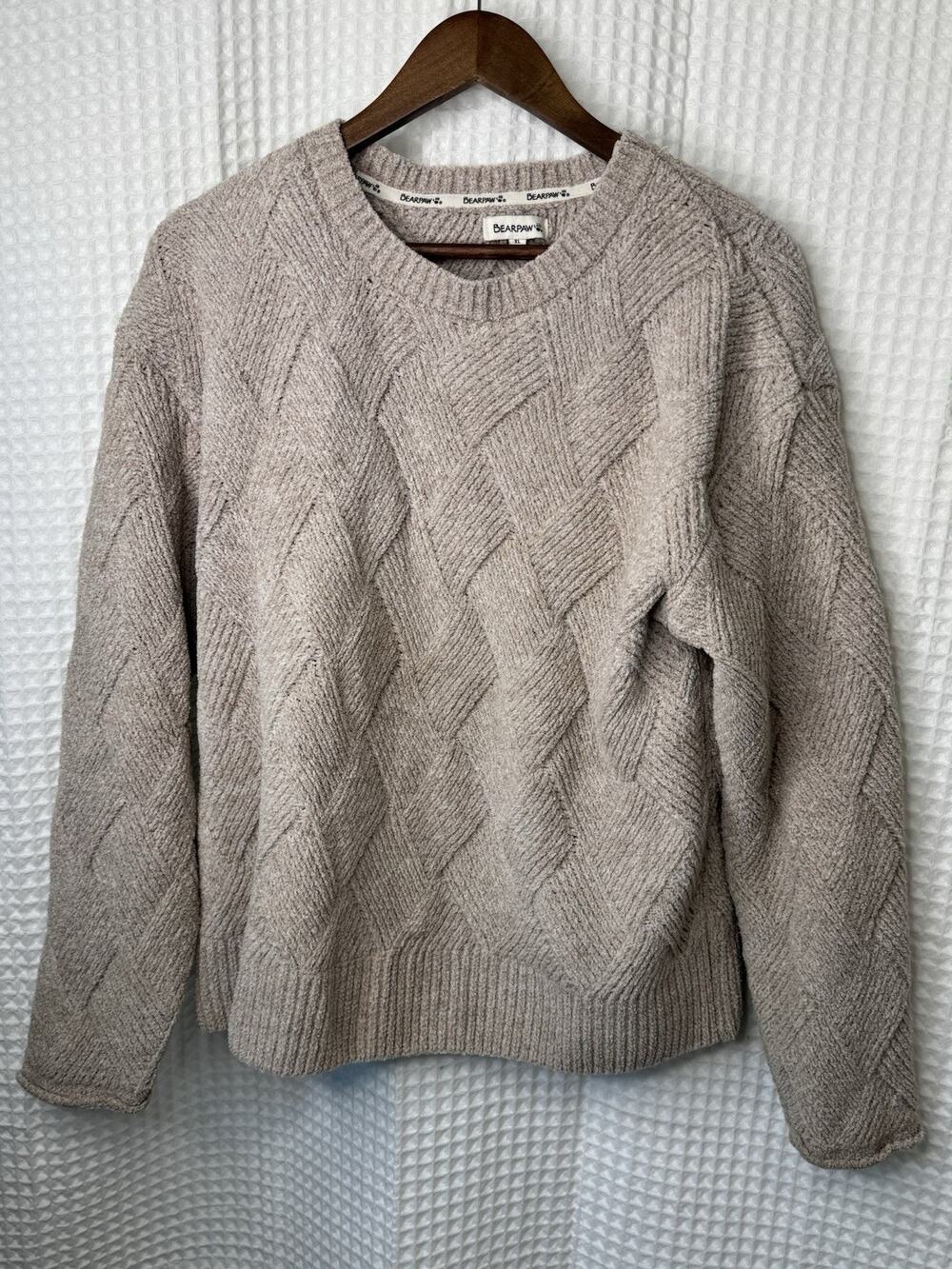 BEARPAW Women’s XL Taupe Chenille Diamond Knit Crewneck Pullover Sweater